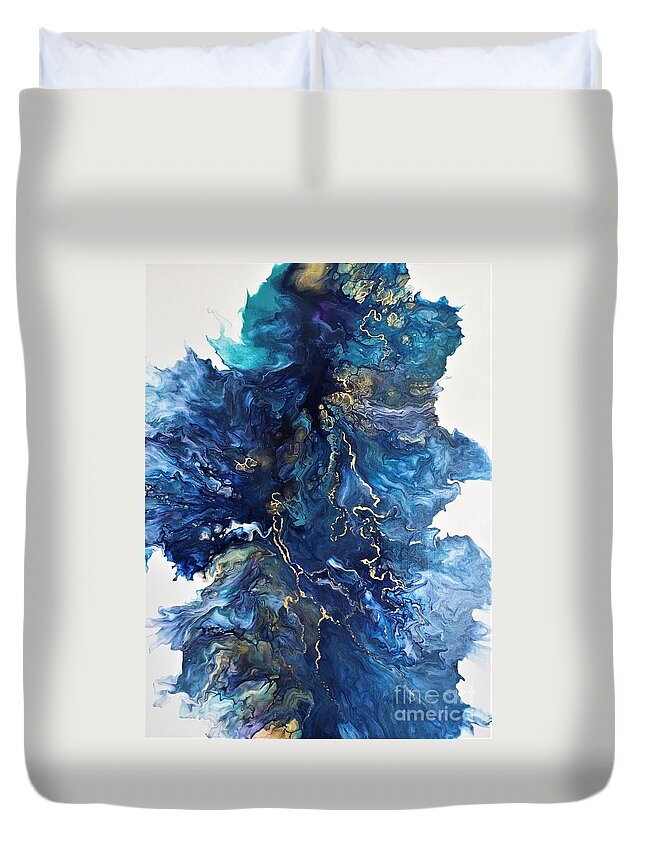 Acrylic Pour Duvet Cover featuring the painting 24K Gold on Blue by Karen Ann
