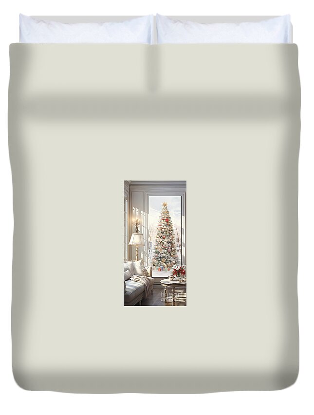 Christmas Tree Duvet Cover featuring the painting 3d watercolor painting living room with christm by Asar Studios by Celestial Images