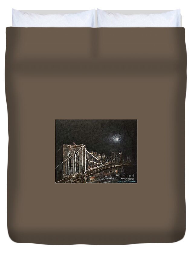 Brooklyn Bridge New York Dark Moon Night Miroslaw Chelchowski Acrylic On Canvas Painting Black Moonlight American Flag Water Print Duvet Cover featuring the painting Brooklyn Bridge #3 by Miroslaw Chelchowski