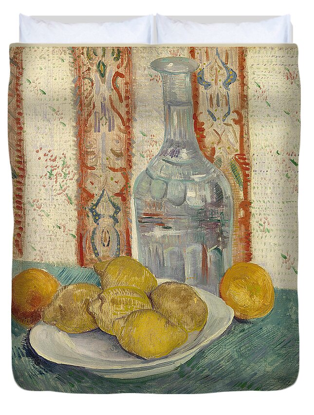 Vincent Van Gogh Duvet Cover featuring the painting Carafe and Dish with Citrus Fruit #4 by Vincent van Gogh