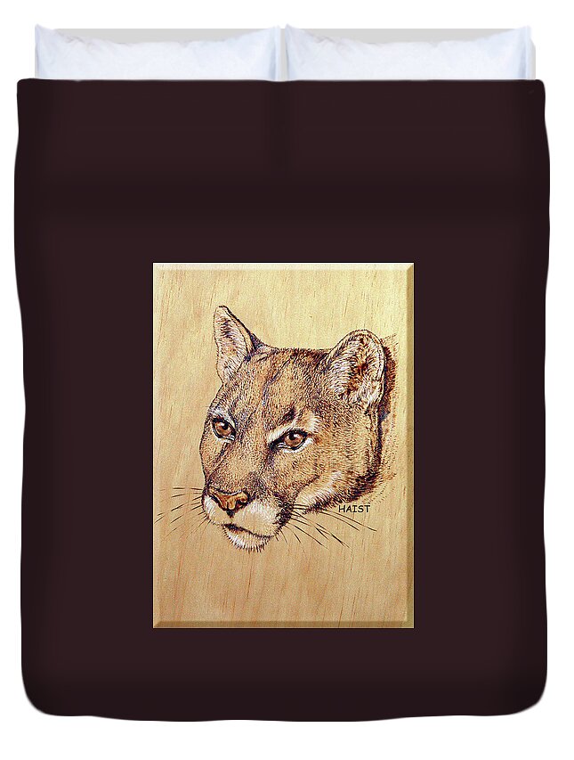 Cougar Duvet Cover featuring the pyrography Cougar #3 by Ron Haist