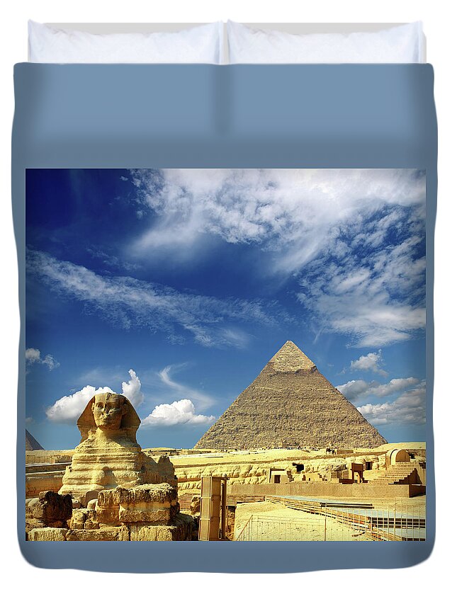 Sphinx Duvet Cover featuring the photograph egypt Cheops pyramid and sphinx #3 by Mikhail Kokhanchikov
