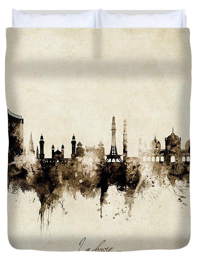 Lahore Duvet Cover featuring the digital art Lahore Pakistan Skyline by Michael Tompsett