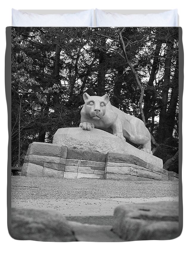 State College Pennsylvania Duvet Cover featuring the photograph Nittany Lion Shrine at Penn State University in black and white #3 by Eldon McGraw