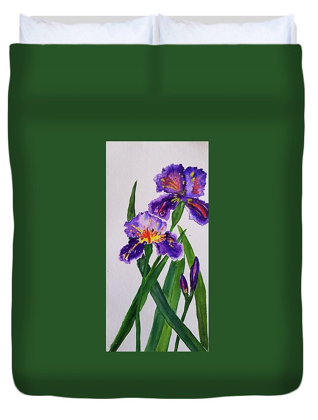 Purple Iris Duvet Cover featuring the painting 3 Purple Irises by Ann Frederick