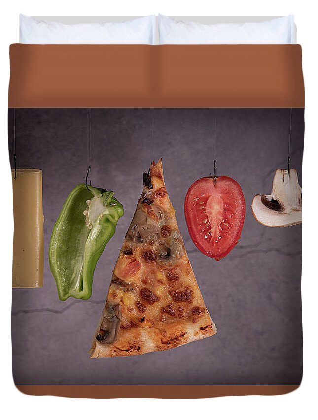 Pizza Duvet Cover featuring the photograph Slice of mozzarella pizza tomato cheese peeper and mushroom ingredients by Michalakis Ppalis