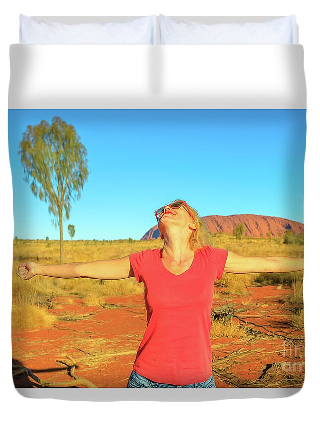 Australia Duvet Cover featuring the photograph Tourist woman at Uluru #3 by Benny Marty