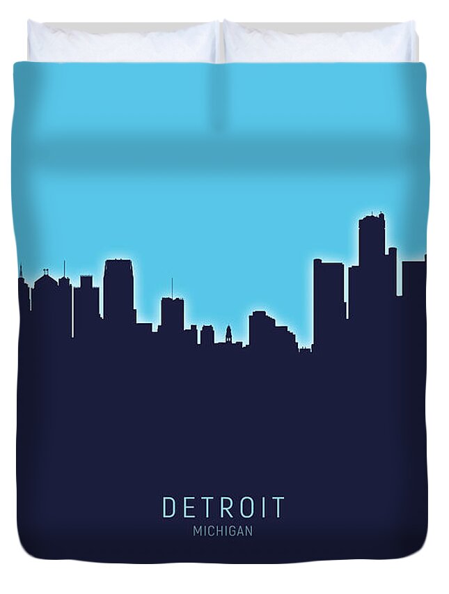 Detroit Duvet Cover featuring the digital art Detroit Michigan Skyline by Michael Tompsett