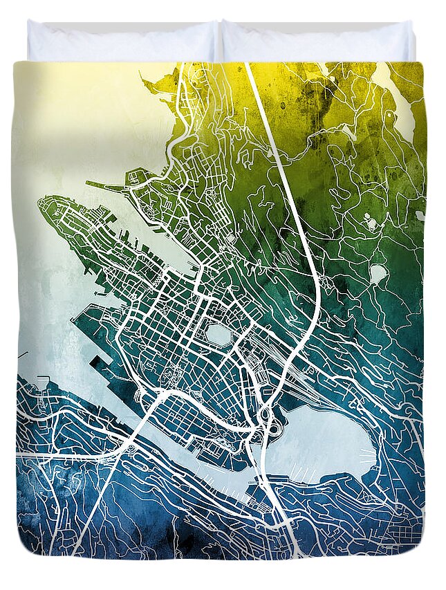 Bergen Duvet Cover featuring the digital art Bergen Norway City Map by Michael Tompsett
