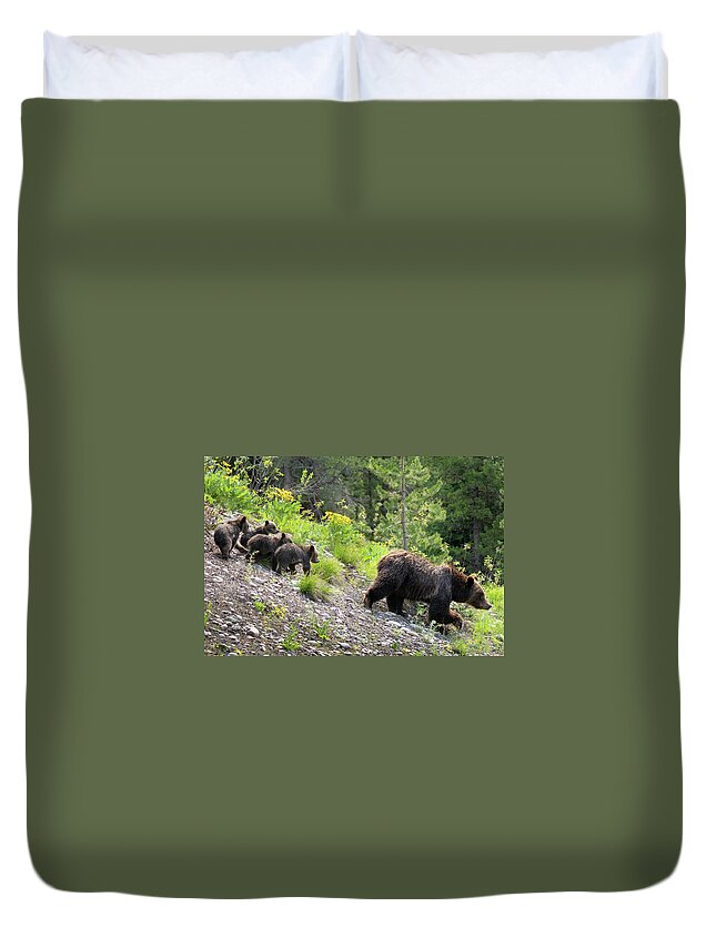 Bear Duvet Cover featuring the photograph 4 Cubs with Mama Grizzly Bear #399 by Wesley Aston