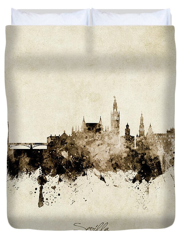 Sevilla Duvet Cover featuring the digital art Sevilla Spain Skyline by Michael Tompsett
