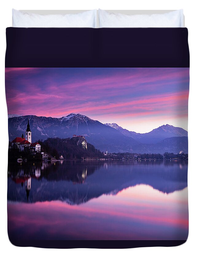 Bled Duvet Cover featuring the photograph Sunrise at Lake Bled #4 by Ian Middleton