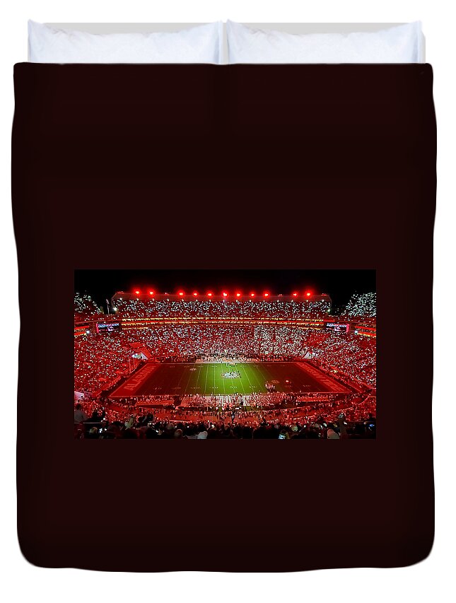 Gameday Duvet Cover featuring the photograph Night Panorama Bryant-Denny Stadium by Kenny Glover