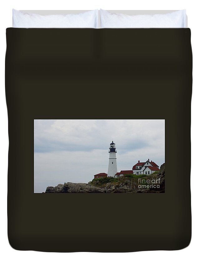  Duvet Cover featuring the pyrography Portland Headlight by Annamaria Frost