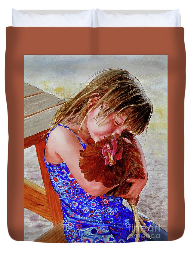 Placer Arts Duvet Cover featuring the painting #513 Girl with Chicken #513 by William Lum