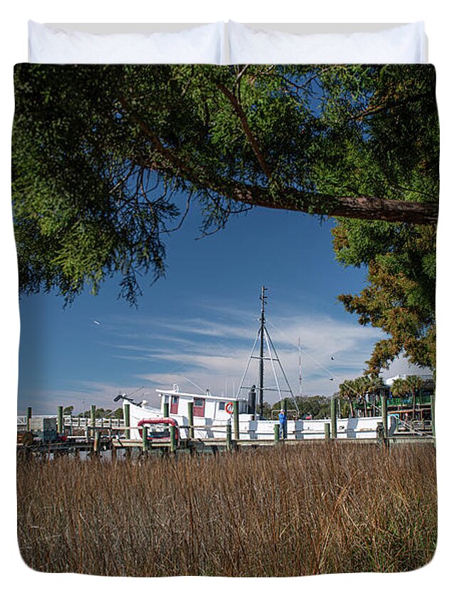 Shem Creek Duvet Cover featuring the photograph River Reaches the Sea - Shem Creek by Dale Powell