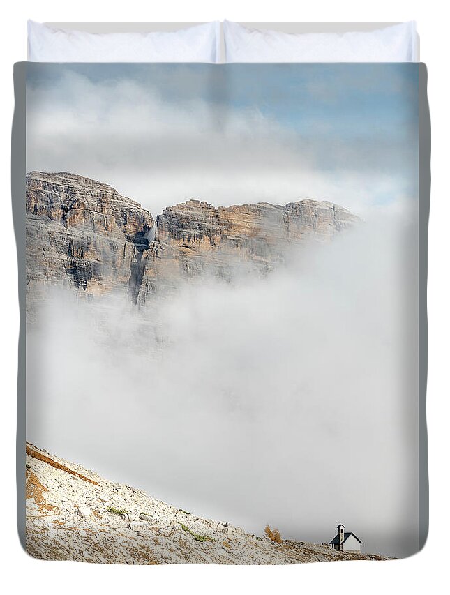 Italian Alps Duvet Cover featuring the photograph Mountain landscape with fog in autumn. Tre Cime dolomiti Italy. #6 by Michalakis Ppalis