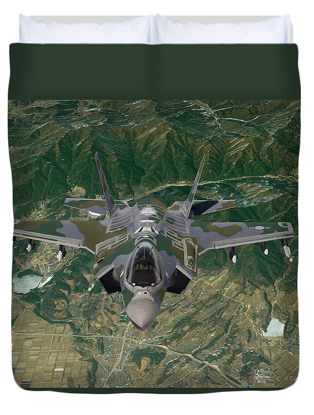 Lightning Duvet Cover featuring the digital art 60. ROKAF F-35A Ground Support by Custom Aviation Art
