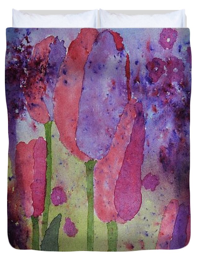 Barrieloustark Duvet Cover featuring the painting #649 Purple Tulip Dreams #649 by Barrie Stark