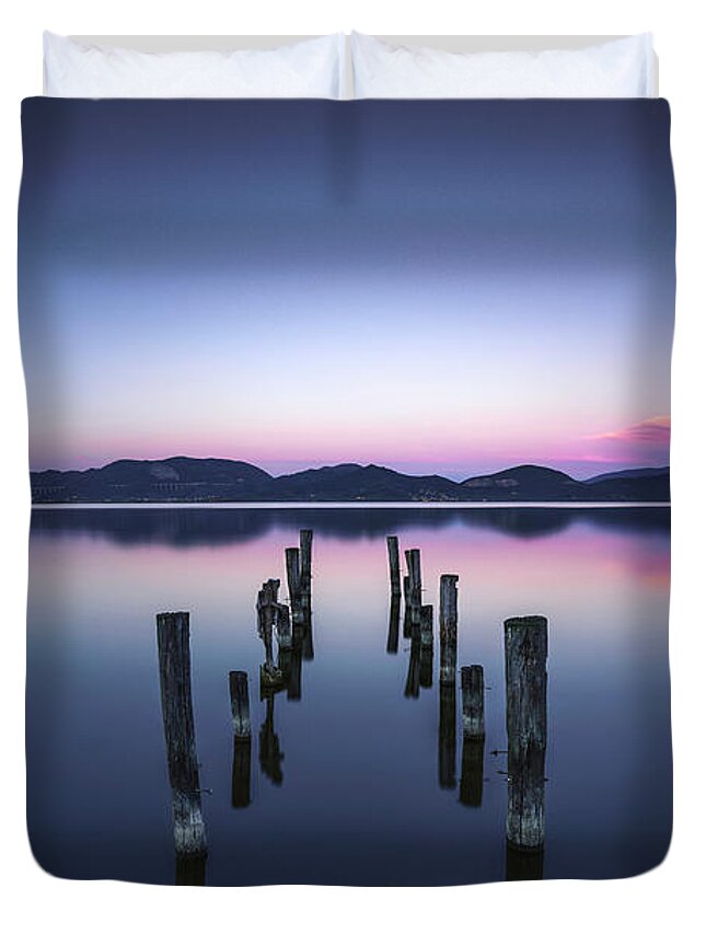 Lake Duvet Cover featuring the photograph Pier Remains Twilight by Stefano Orazzini