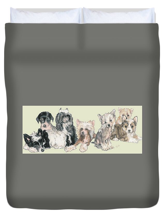 Toy Class Duvet Cover featuring the mixed media Chinese Crested and Powderpuff Puppies by Barbara Keith