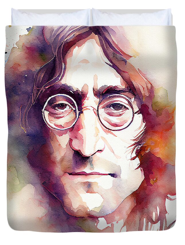 John Lennon Duvet Cover featuring the mixed media Watercolour Of John Lennon #8 by Smart Aviation