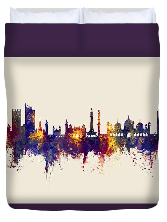 Lahore Duvet Cover featuring the digital art Lahore Pakistan Skyline by Michael Tompsett