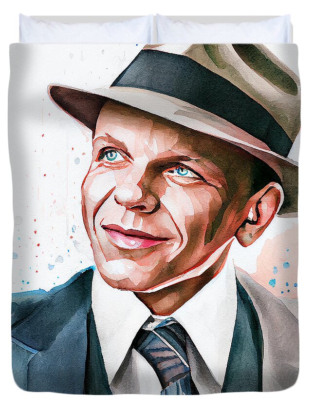 Frank Sinatra Duvet Cover featuring the mixed media Watercolour Of Frank Sinatra #9 by Smart Aviation