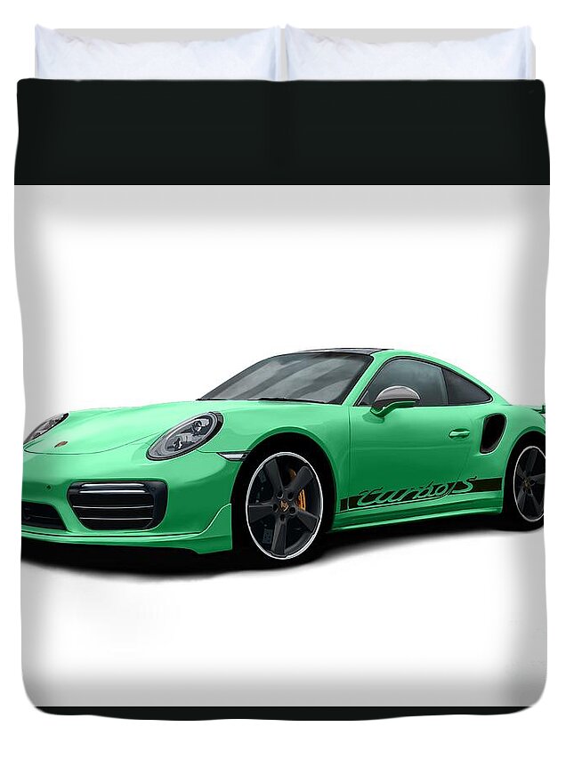 Sports Car Duvet Cover featuring the digital art 911 Turbo S Green by Moospeed Art