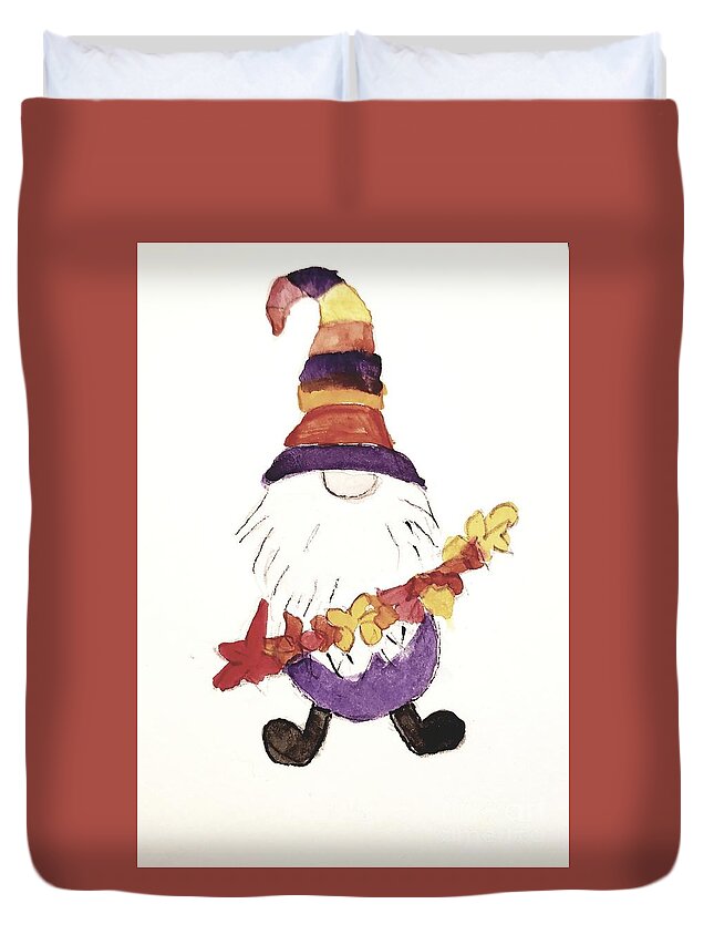  Duvet Cover featuring the painting October Gnome by Margaret Welsh Willowsilk