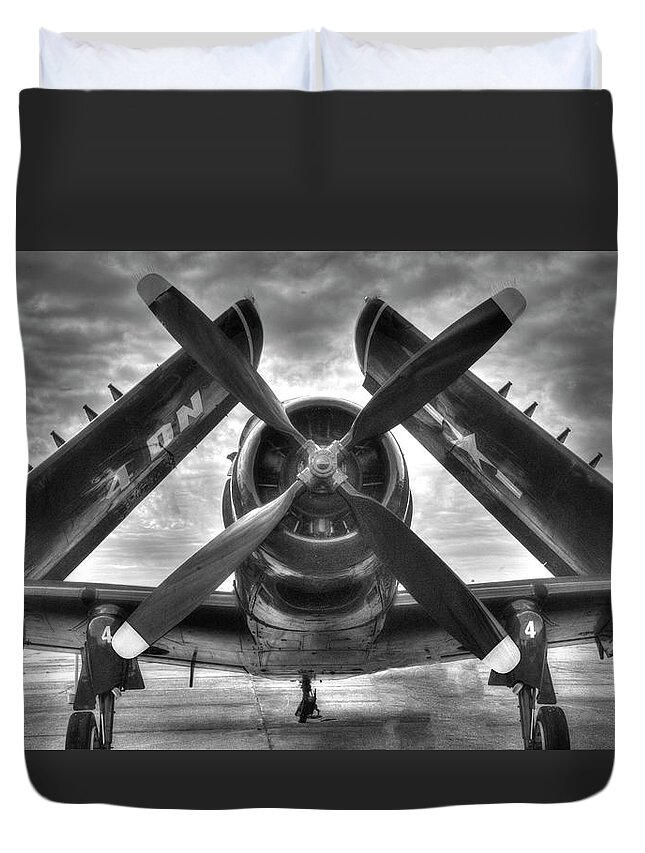 Aircraft Duvet Cover featuring the photograph A-1 Skyraider Black and White by Phil And Karen Rispin