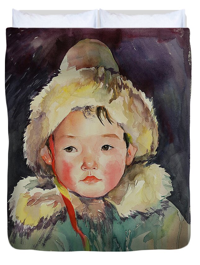 A Boy Duvet Cover featuring the painting A boy by Munkhzul Bundgaa