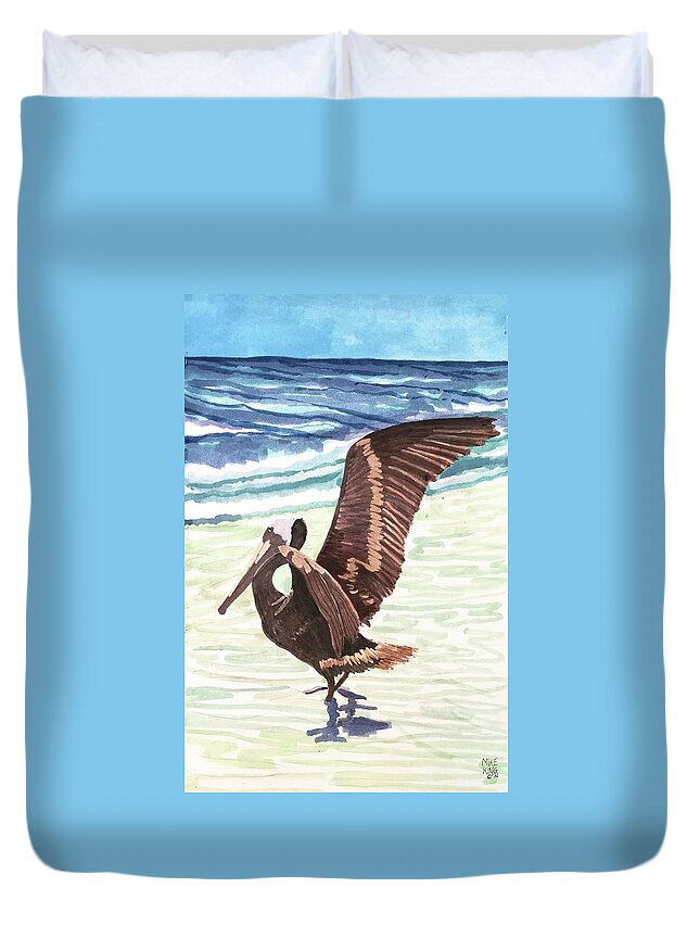 Brown Pelican Duvet Cover featuring the painting A Brown Pelican on Fl Gulf Coast by Mike King