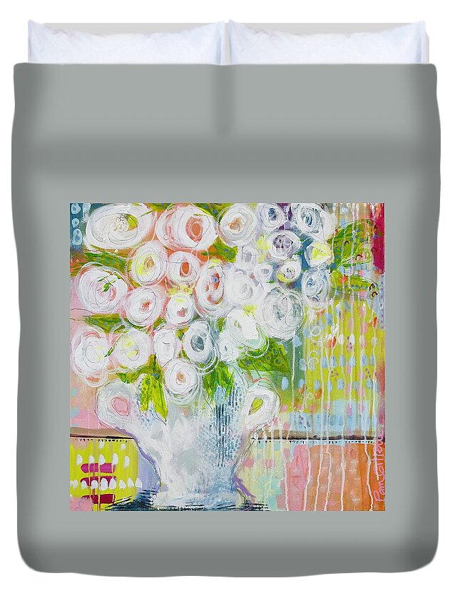 Abstract Expressionism Duvet Cover featuring the painting A Bunch of White Flowers by Pam Gillette