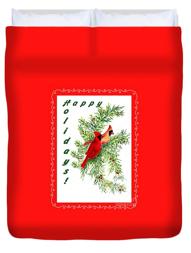 Red Cardinals Duvet Cover featuring the painting A Cardinal Christmas by Marilyn Smith