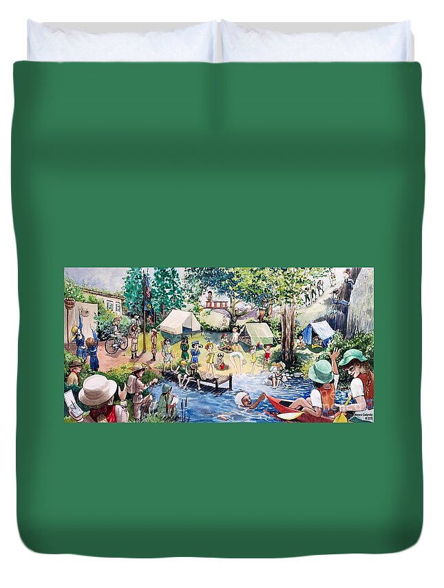 Girls Duvet Cover featuring the painting A century plus of outdoor fun for girls by Merana Cadorette