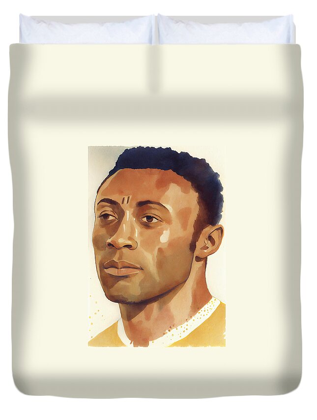 A Close Up Portrait Of Footbal Star Pele Art Duvet Cover featuring the painting A close up portrait of Footbal Star Pele on whi 595043ea67 7f6f 645f97 0432d0 06455633 by Celestial Images