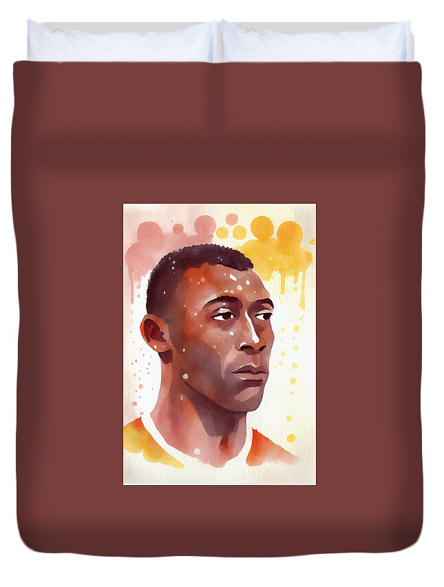 A Close Up Portrait Of Footbal Star Pele Art Duvet Cover featuring the painting A close up portrait of Footbal Star Pele on whi f645563e2204322 0f07 64564556303 a2a6  by Celestial Images