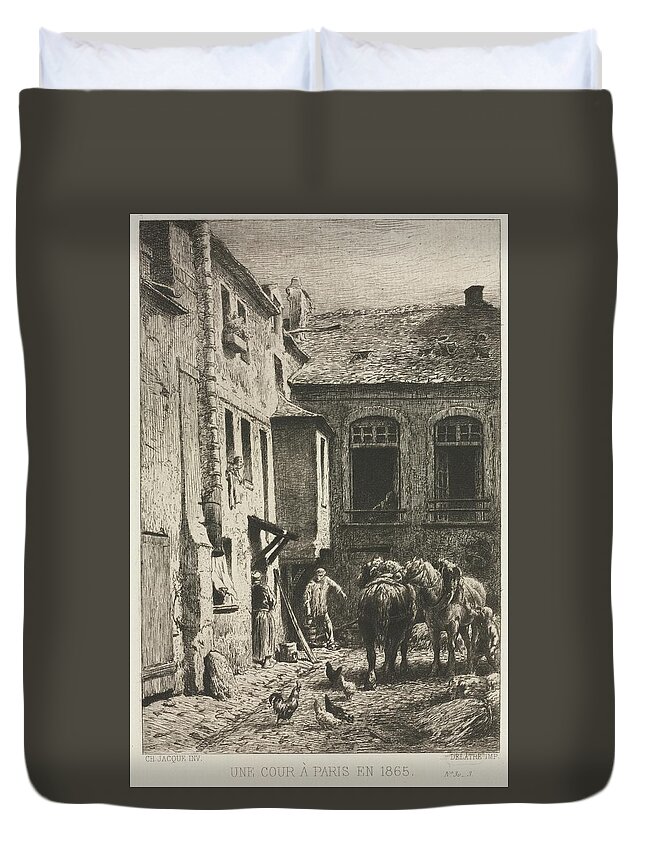 A Courtyard In Paris 1865 Charles Jacque French 1813 To 1894 Duvet Cover featuring the painting A Courtyard in Paris 1865 Charles Jacque French 1813 to 1894 by MotionAge Designs