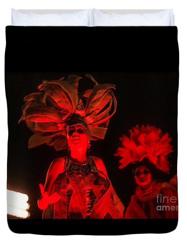 #soscuba Duvet Cover featuring the mixed media A Cuban beauty dances and sings at the 1970 Havana Carnival. Red on a black background. by Elena Gantchikova