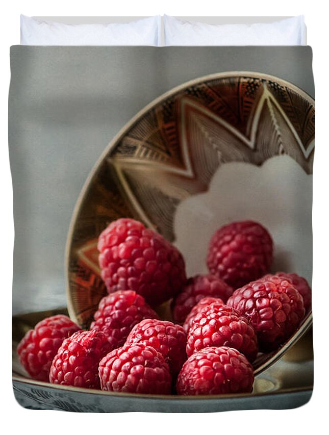Raspberries Duvet Cover featuring the photograph A cupfull of raspberries by Maggie Terlecki