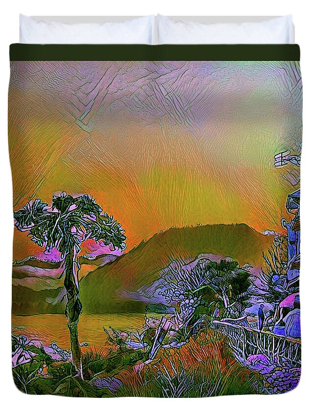 *db Duvet Cover featuring the digital art A dream of sunset at Chiang Khan on the Mekong River, NE Thailand by Jeremy Holton