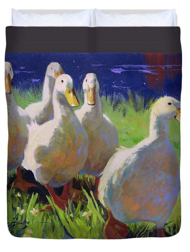 Farm Animals Duvet Cover featuring the painting A Ducks Life by Carolyne Hawley