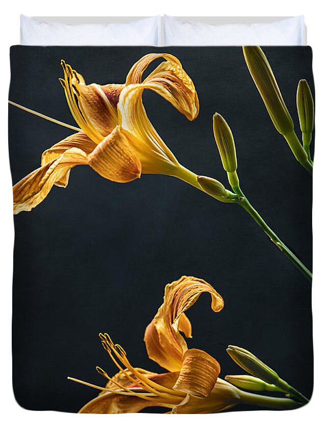 Stilllife Duvet Cover featuring the photograph A duo of Daylilies by Maggie Terlecki
