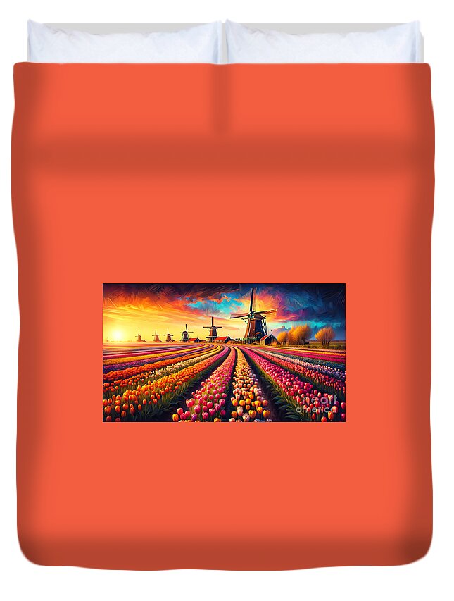 Dutch Duvet Cover featuring the painting A Dutch tulip field, with windmills and a vibrant sunset sky. by Jeff Creation