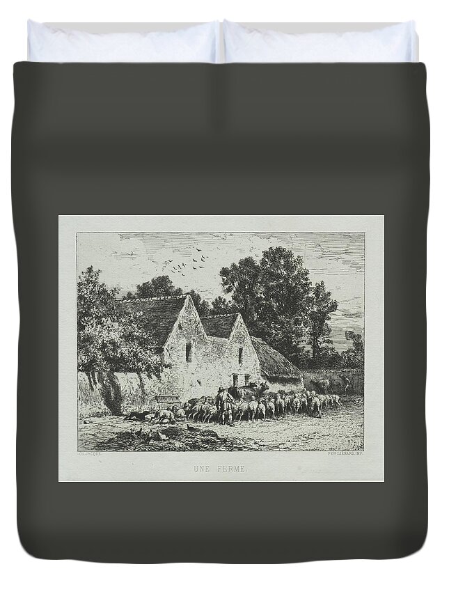 A Farmhouse 1864 Charles Jacque French 1813 To 1894 Duvet Cover featuring the painting A Farmhouse 1864 Charles Jacque French 1813 to 1894 by MotionAge Designs