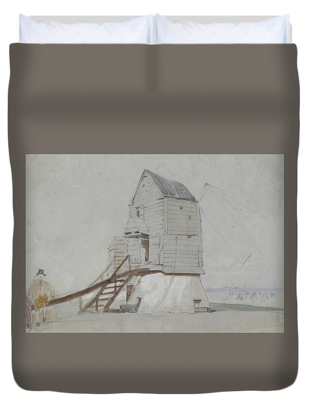 Poster Duvet Cover featuring the painting A Figure Beside A Windmill by MotionAge Designs