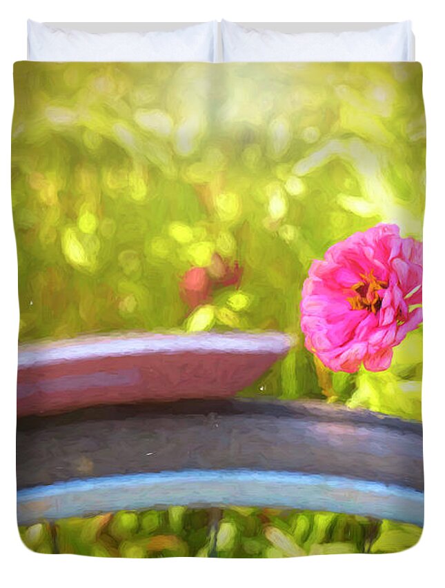 Flower Duvet Cover featuring the photograph A Flower and a Bike by Deborah Penland