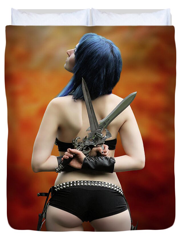Girl Duvet Cover featuring the photograph A Girl And Her Knives by Jon Volden