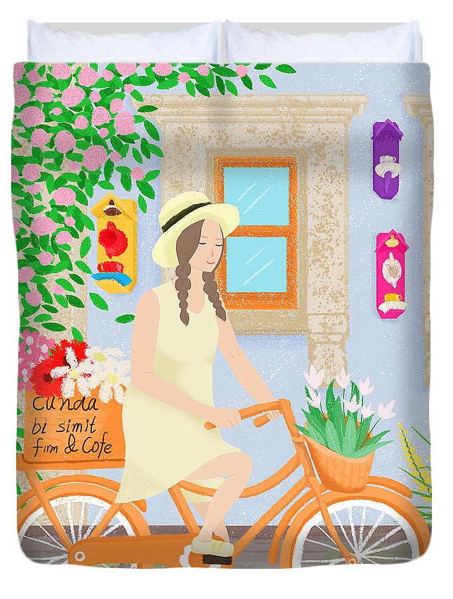 Girl Duvet Cover featuring the drawing A girl on a bicycle by Min Fen Zhu
